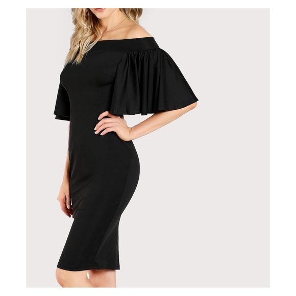 Black Off Shoulder Flutter Bodycon Dress - Picture 2 of 5